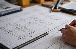 Illustrative concept image of a hand reviewing a drawing; not a usable technical plan.