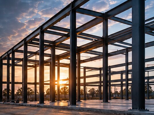 Illustrative concept image of a steel building frame at dusk; not an actual project or facility.